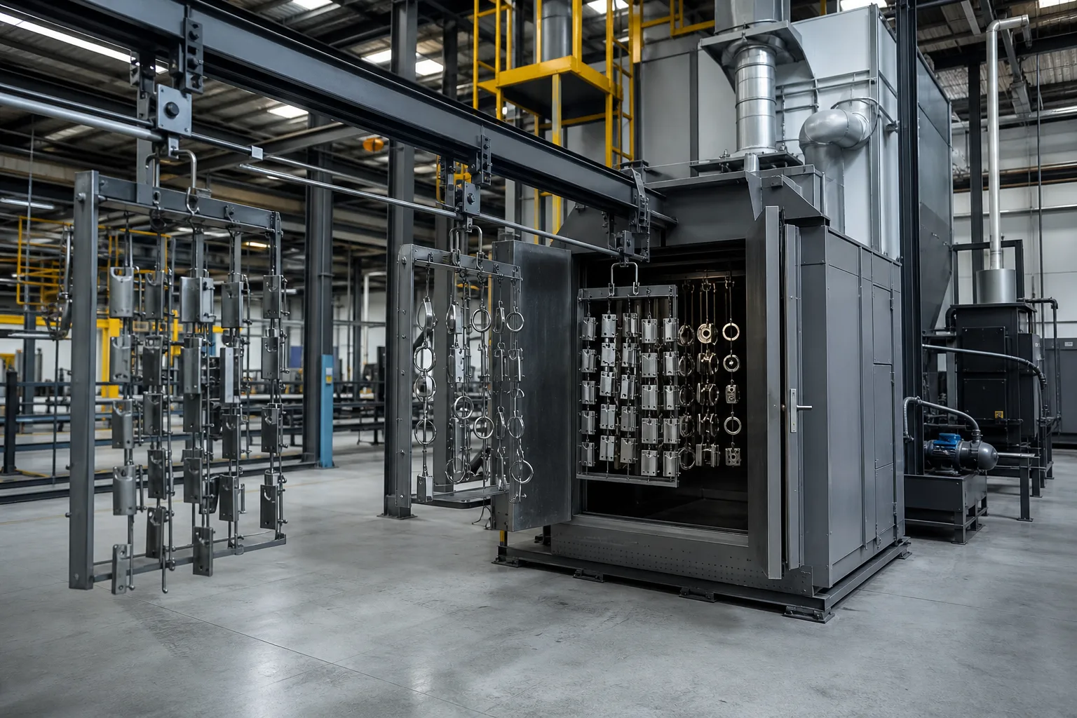 Askılara yerleştirilmiş metal parçaların bulunduğu endüstriyel askılı kumlama makinesi