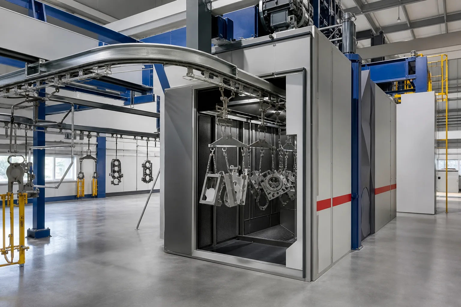 Askı sisteminde taşınan metal parçalar ve askılı kumlama makinesi kabini