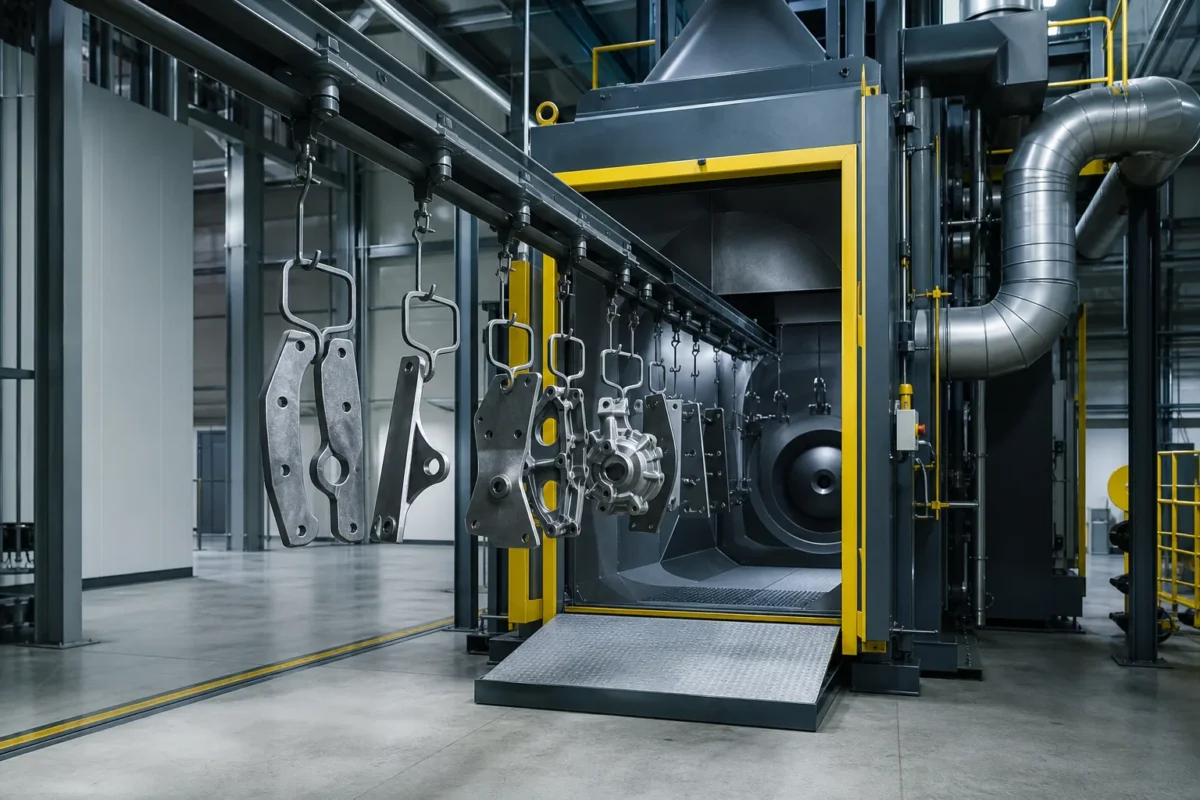 Askı rayındaki farklı geometrilere sahip metal parçaların kumlama kabinine girişi